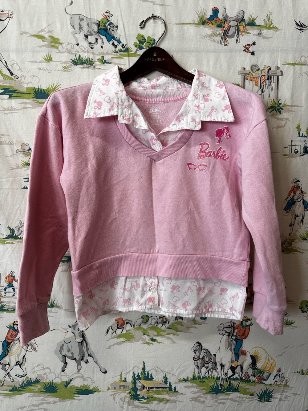 Barbie Pink Layered-Look Pullover with Printed Collar size 10-12